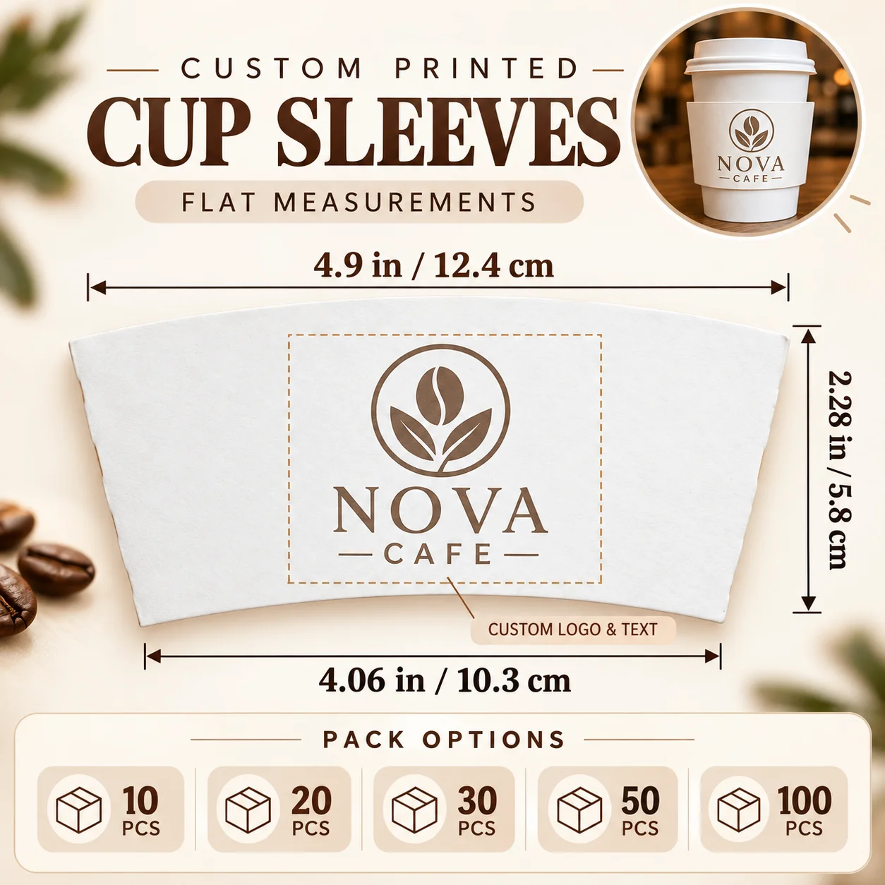 Custom Cup Sleeves Personalized Logo Text Artwork Corrugated Paper Wraps for Cafes Weddings Events Packs 10 20 30 50 and 100 PCS