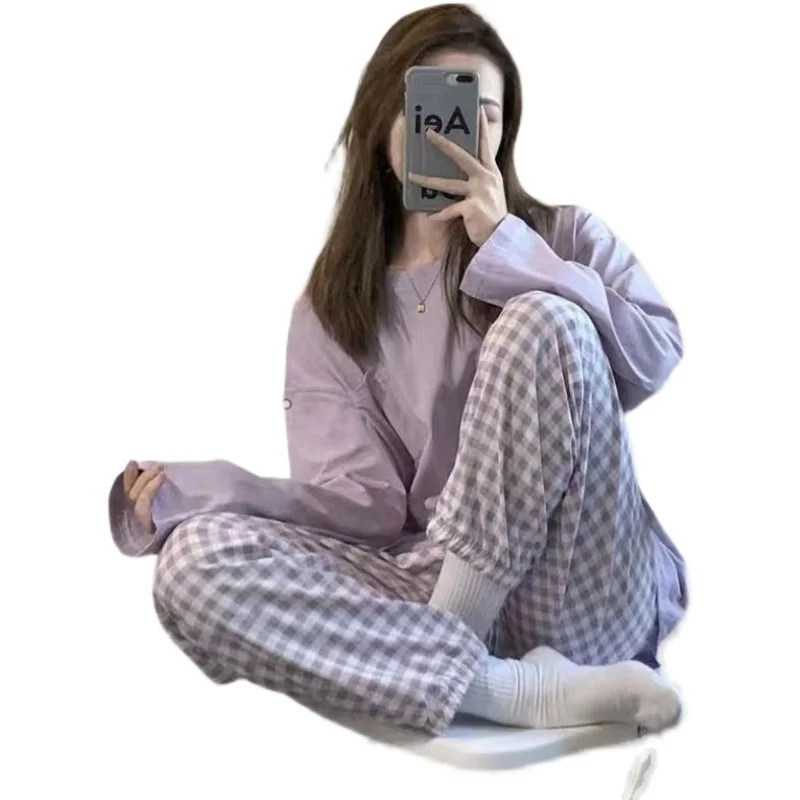 イン長袖純粋な綿パジャマ女性の春秋冬ホーム服薄いホーム服セット学生冬生き抜く