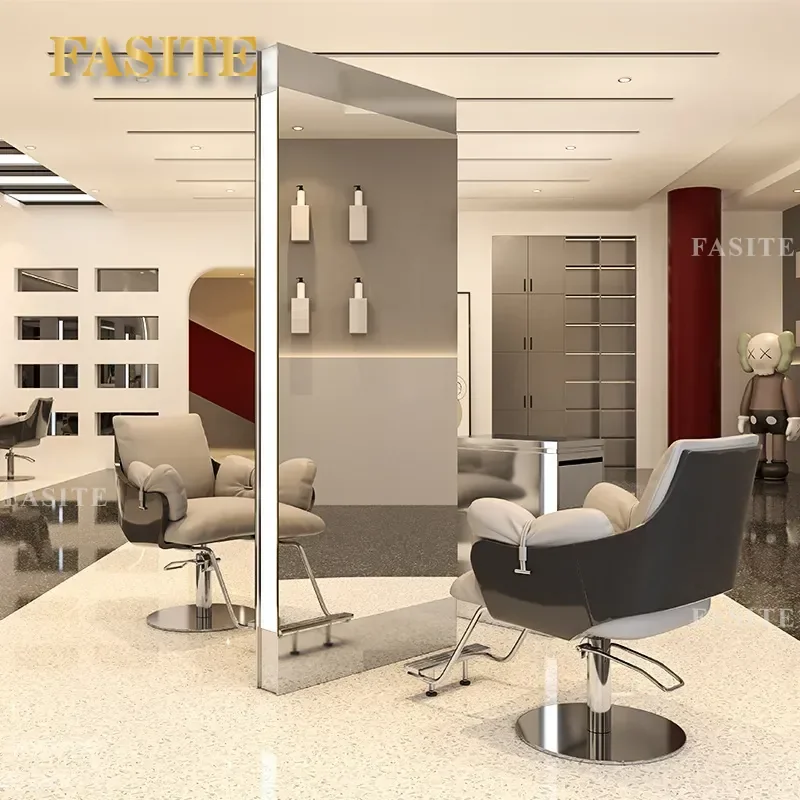 For Hair Barber Shop Stainless Steel Floor Mirror Table with LED Light Single Double Station Vanity Cutting Station
