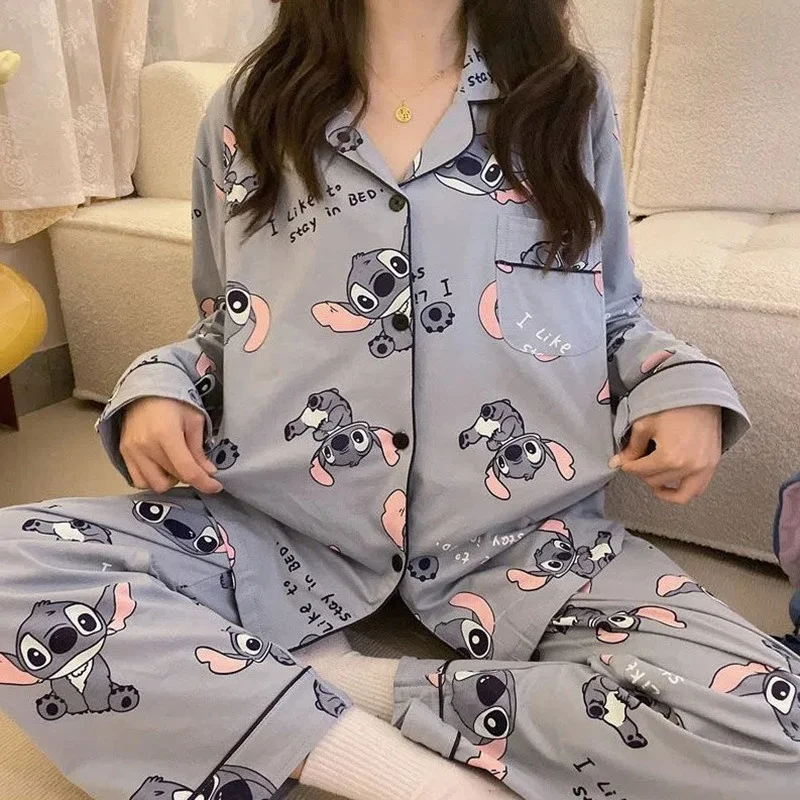 New Disney Stitch Pajamas Set Kawaii Lilo and Stitch Outerwear Home Clothes Set Student Fashion Casual Pajamas Two-piece Set