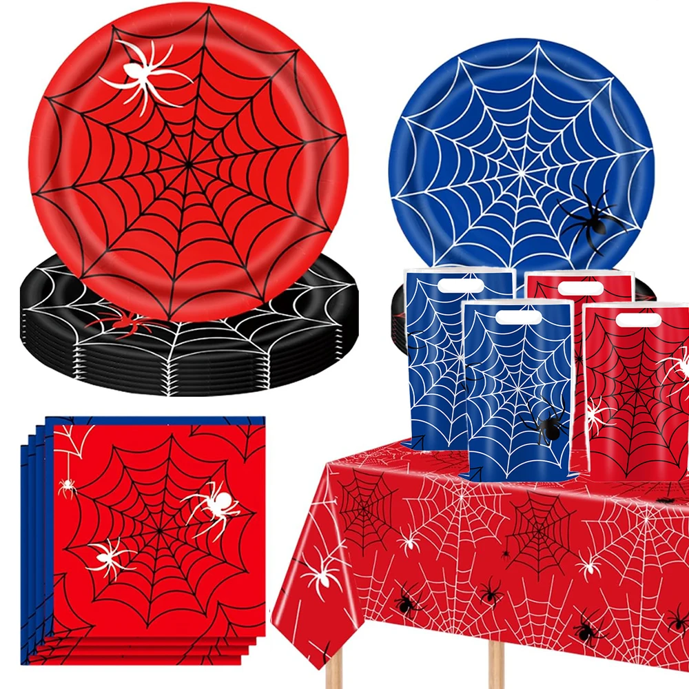Spinnenpartyzubehör, rotes und blaues Spinnennetz, Geburtstagsbanner, Pappteller, Servietten, Tischdecke für Partydekorationen mit Spinnenmotiv – Detail 11