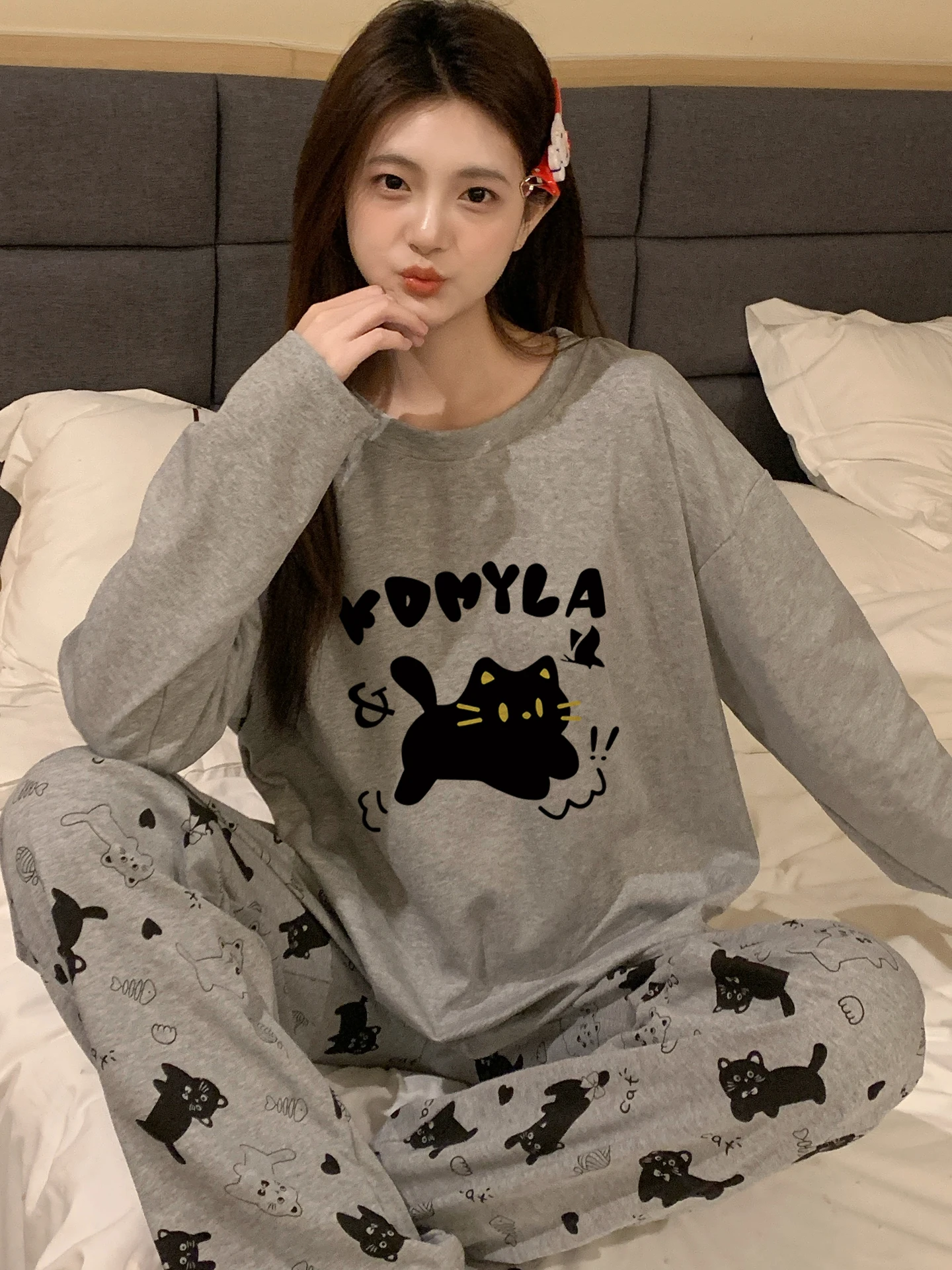 

2026 New Women's Cotton Pajamas Long Sleeve Thin Home Clothes Set Cute Design Spring Autumn Pure Cotton Student Sleepwear