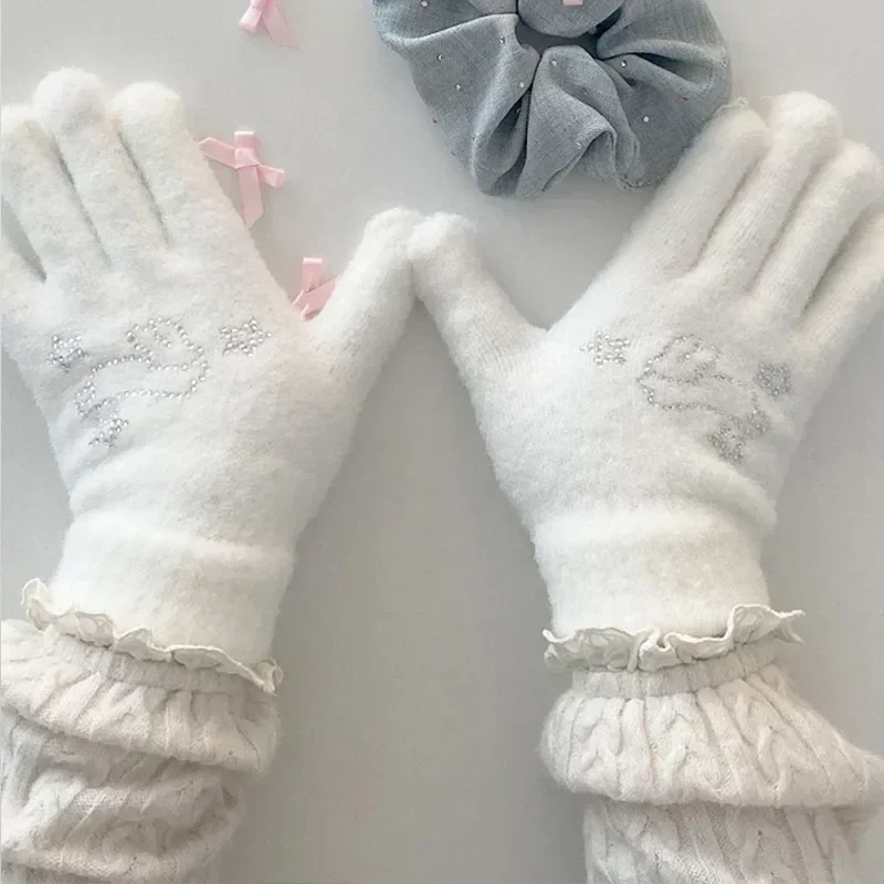 Gants de lapin en biscuits mignons pour femmes, gants à doigts complets, mitaines épaisses, Kawaii Lolita, accessoires chauds, hiver