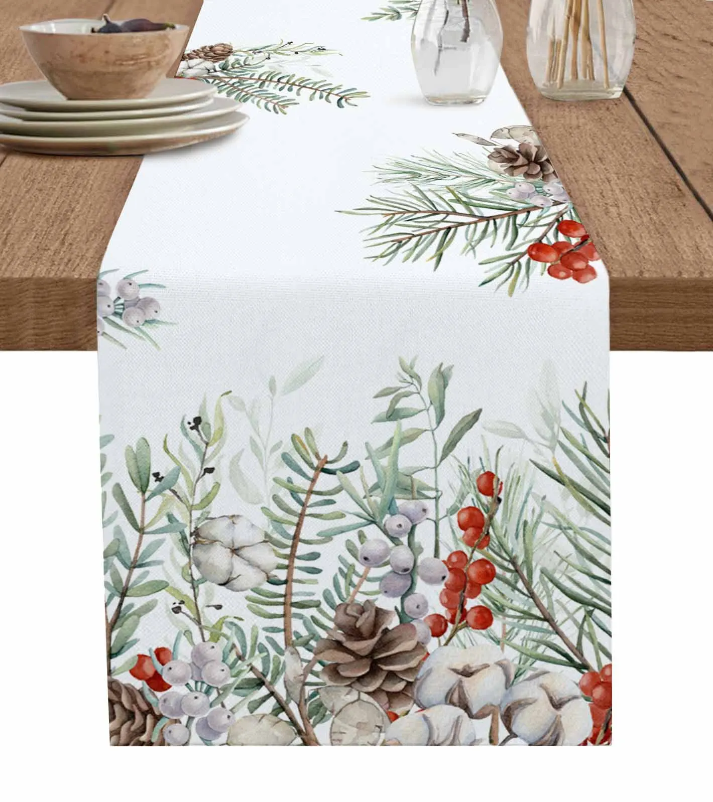 

Christmas Winter Pine Leaves Berry Table Runner for Dining Table Wedding Decoration Tablecloth Home Decor Table Runner