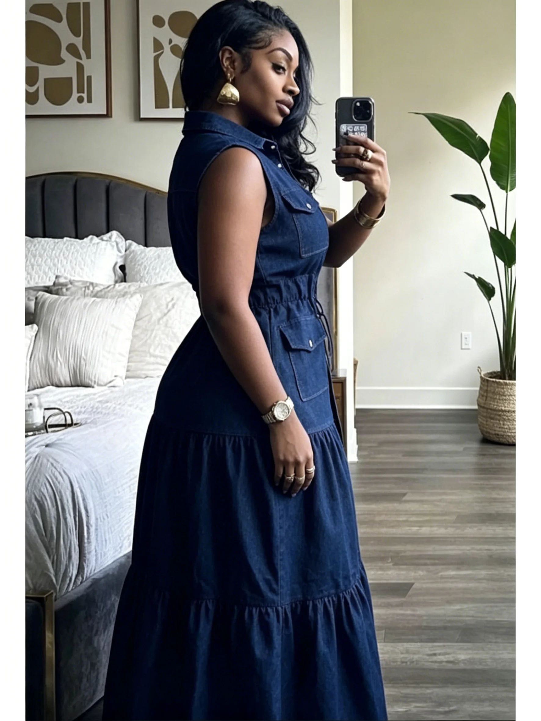 Trendy Sleeveless Denim Maxi Dress Women Casual Button Up Drawstring Waist Tiered Ruffle Jean Long Dresses Streetwear Outfits - view 4