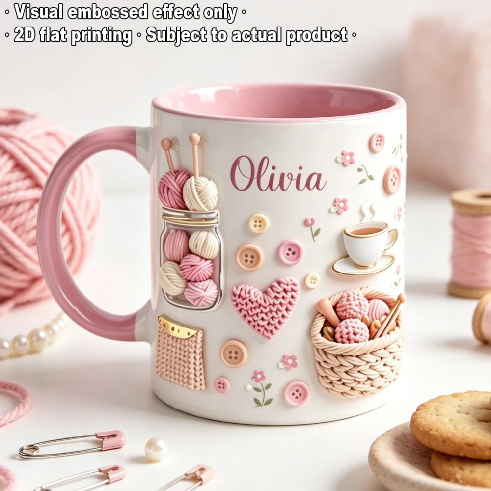 Personalized Custom Mug 11oz Custom Name Knitting Mug DIY Handmade Lover Memorial Cup Yarn Ball Knitting Element Design 2D Flat