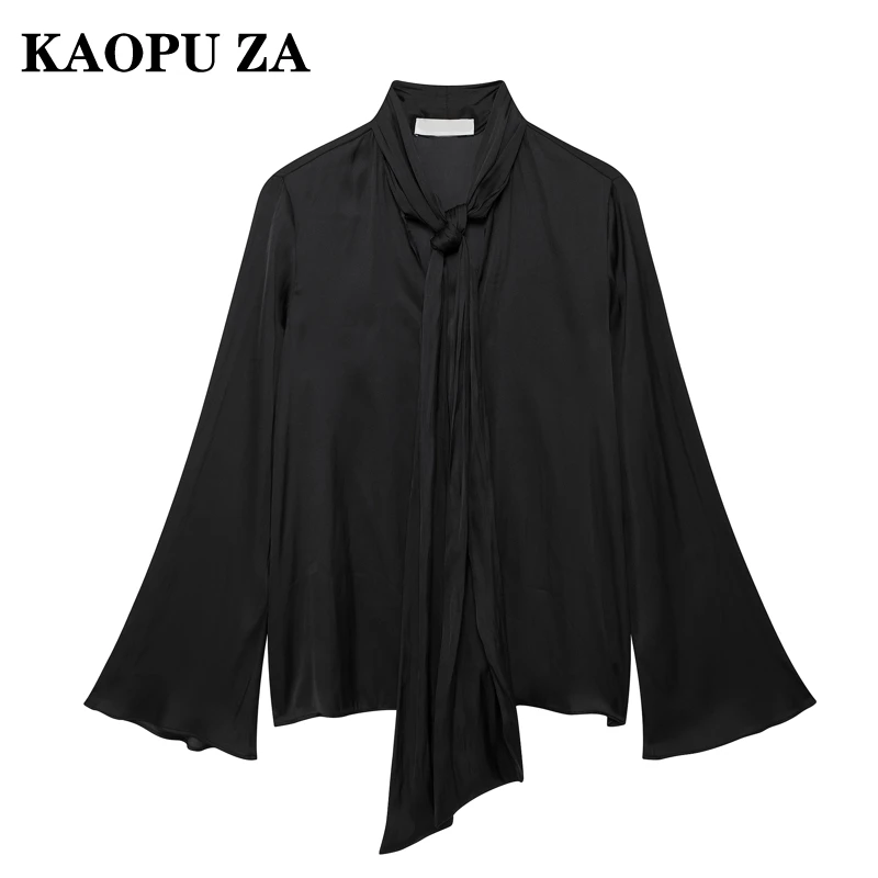 KAOPU ZA 2024 Autumn New Woman's Fashion Solid Color Blouses Ladylike Chic V-Collar Long Sleeve Shirt Jumper RUFFLES Satin Top