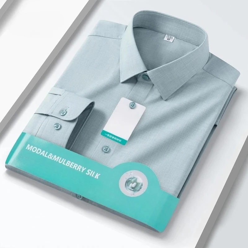 New in Shir Silk Elastic Solid Color Long Sleeve Shirts Slim Fit Formal Plain Shirt Soft Luxury Quality Business White Clothes