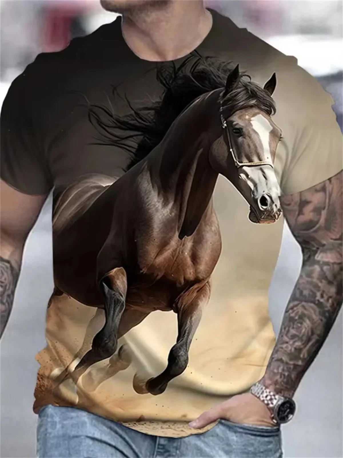 Vintage 3D T-Shirts für Herren mit Pferdemotiv, Lässiges Rundhals-Grafik-T-Shirt, Streetwear Harajuku Kurzarm-Oberteil, Herrenbekleidung