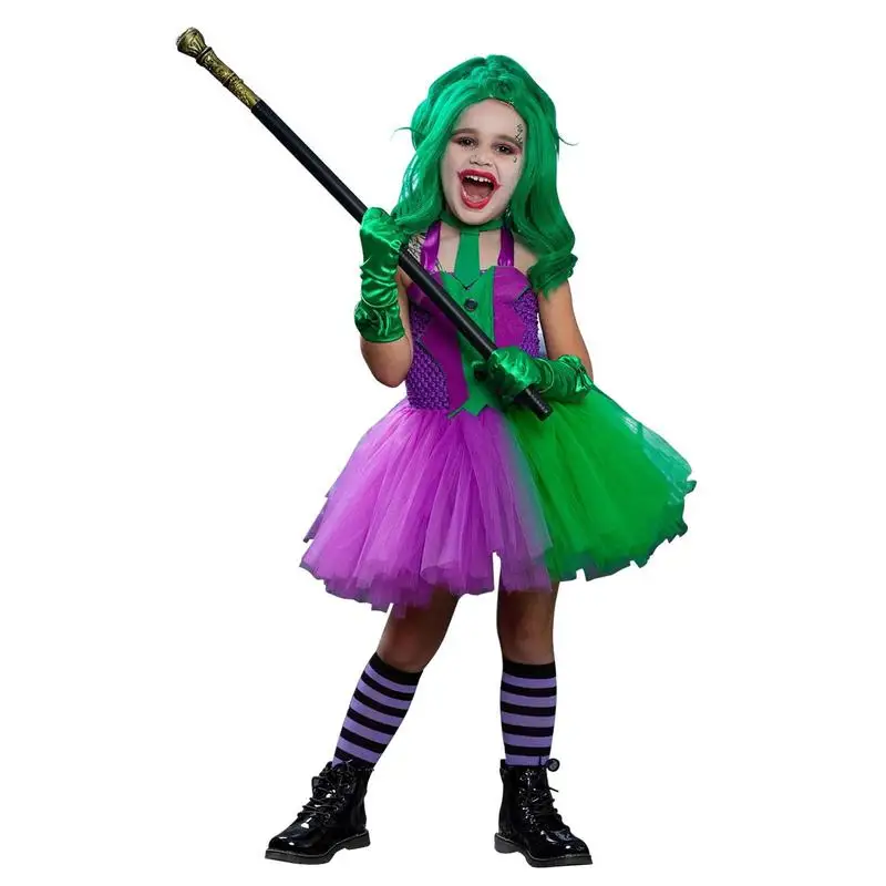 

Joker Cosplay For Women Clown Character Tulle Dress Suit Girls School Tiered Costume Gloves Halloween Cosplay Outfit