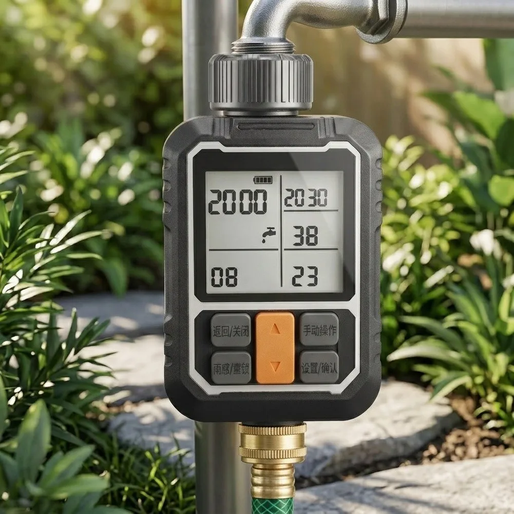 Programmable Water Timer with Rain Sensor and LCD Interface Compatible with Standard Garden Hoses and Fittings