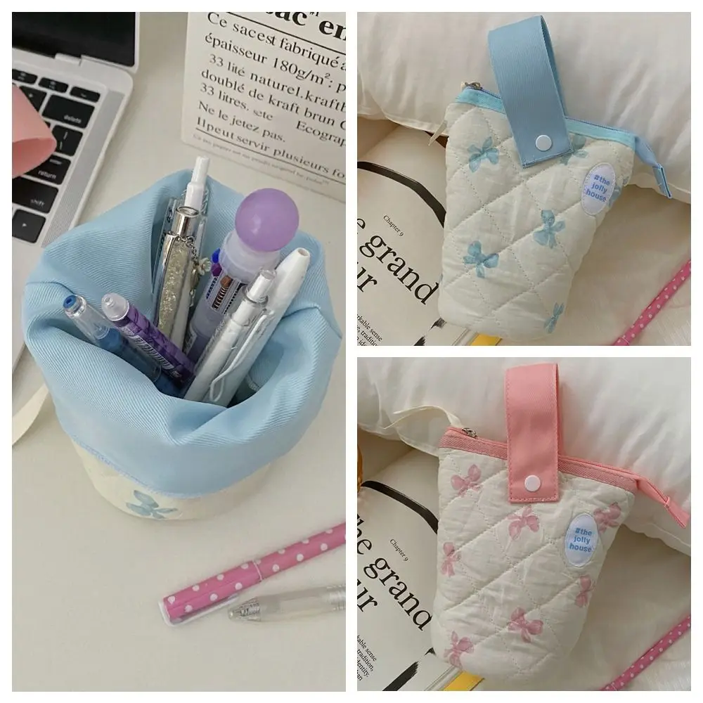 Folding Bow Pencil Case Portable Zipper Stationery Storage Pouch Korean Style Large Capacity Stationery Organizer