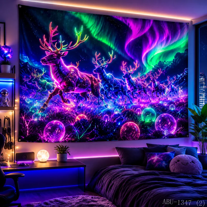 VIKAMA Neon Purple Green City Night Snowflake Skyscraper Water Reflection Christmas Tapestry Bedroom Living Room Dorm Home Decor