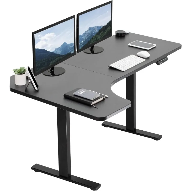 L-Shaped Standing Desk Workstation Memory Controller Height Adjustment Reversible Black Top Black Frame Put on The Study Room