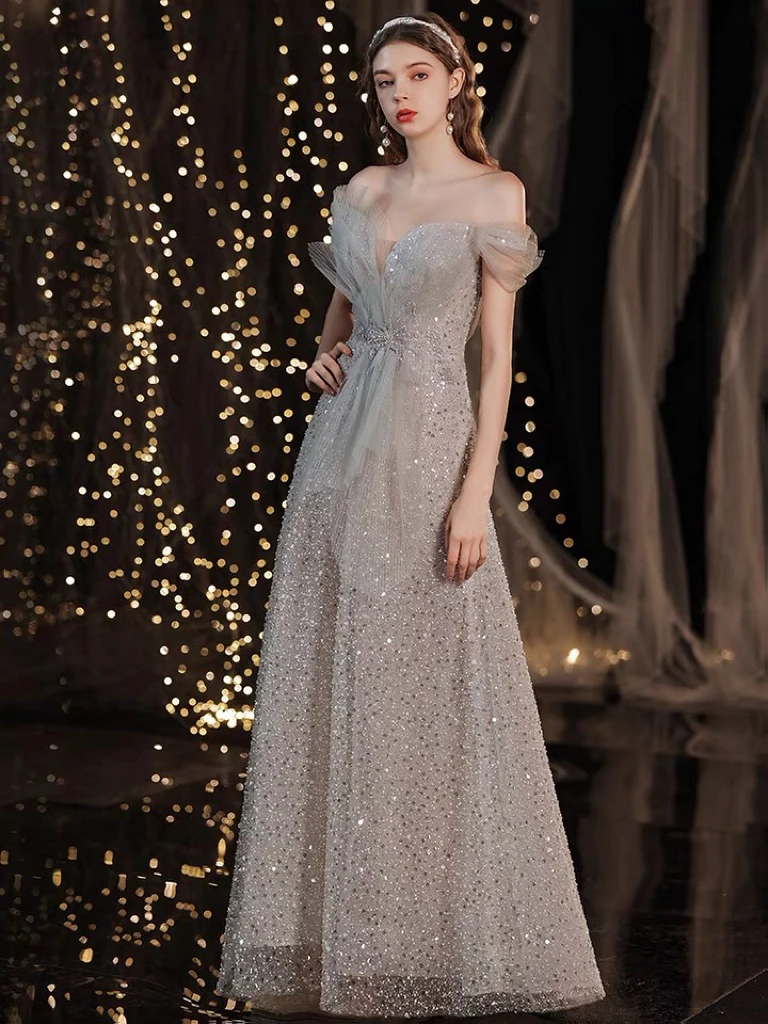 

Gray Shiny Evening Dress Customized Off Shoulder Sequined Beading A Line Strapless Bridal Toast Luxury Long Robe Prom Gown 2024