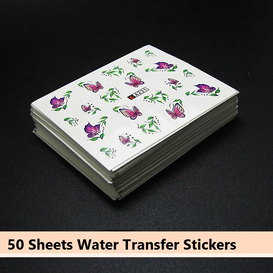 50 Pcs Nail Stickers Mixed Designs Water Transfer Nail Art DIY Decals Waterproof Beauty Tools for Creative Decoration
