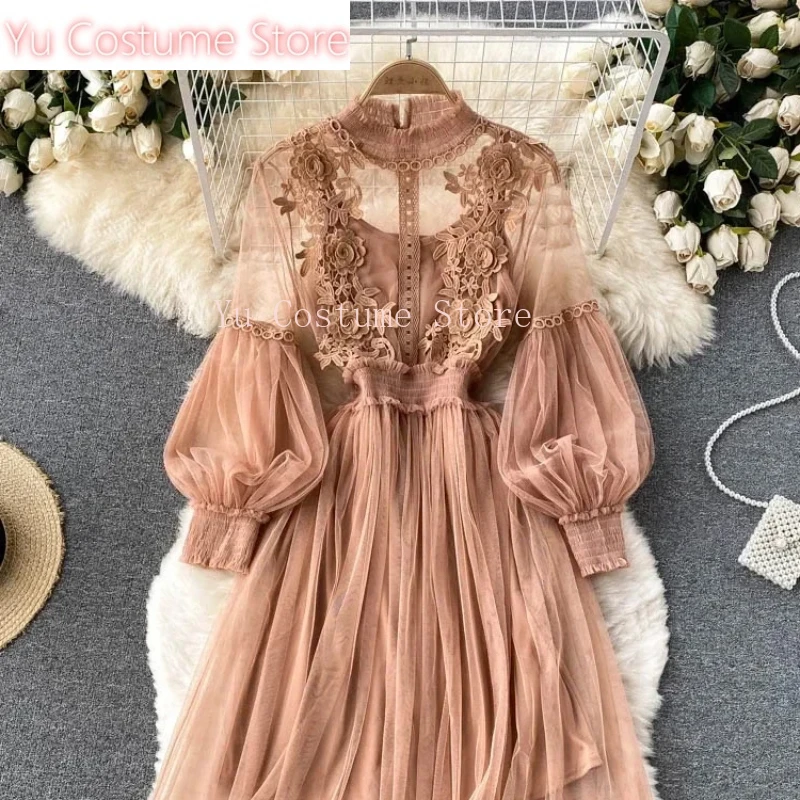 

Ladies Dress Three-dimensional Flower Hook MeshTemperament Stand Collar Lantern Sleeve High Waist Slim Female Dresses Yu Costume
