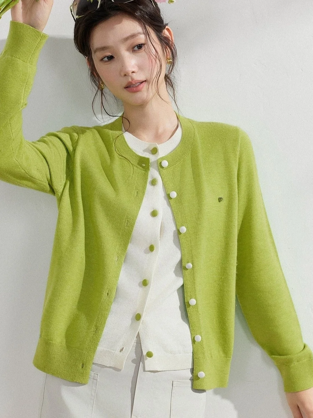 

Green Splice Knitted Long Sleeve Cardigan Women's Casual Style Spring Autumn New Fashion Korean System Youthful Top