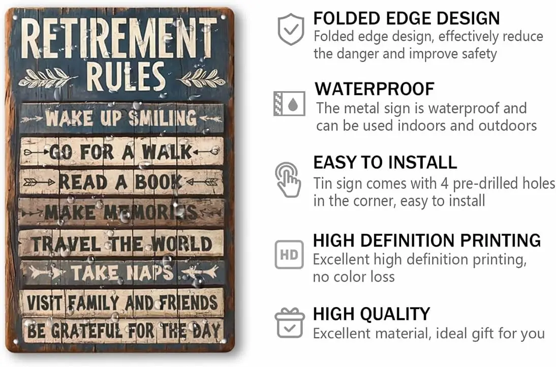 Retirement Rules Metal Tin Sign Wall Art Decor Classy Retirement Gifts for Women Men Inspiring Quote Poster Gifts for Farmhouse