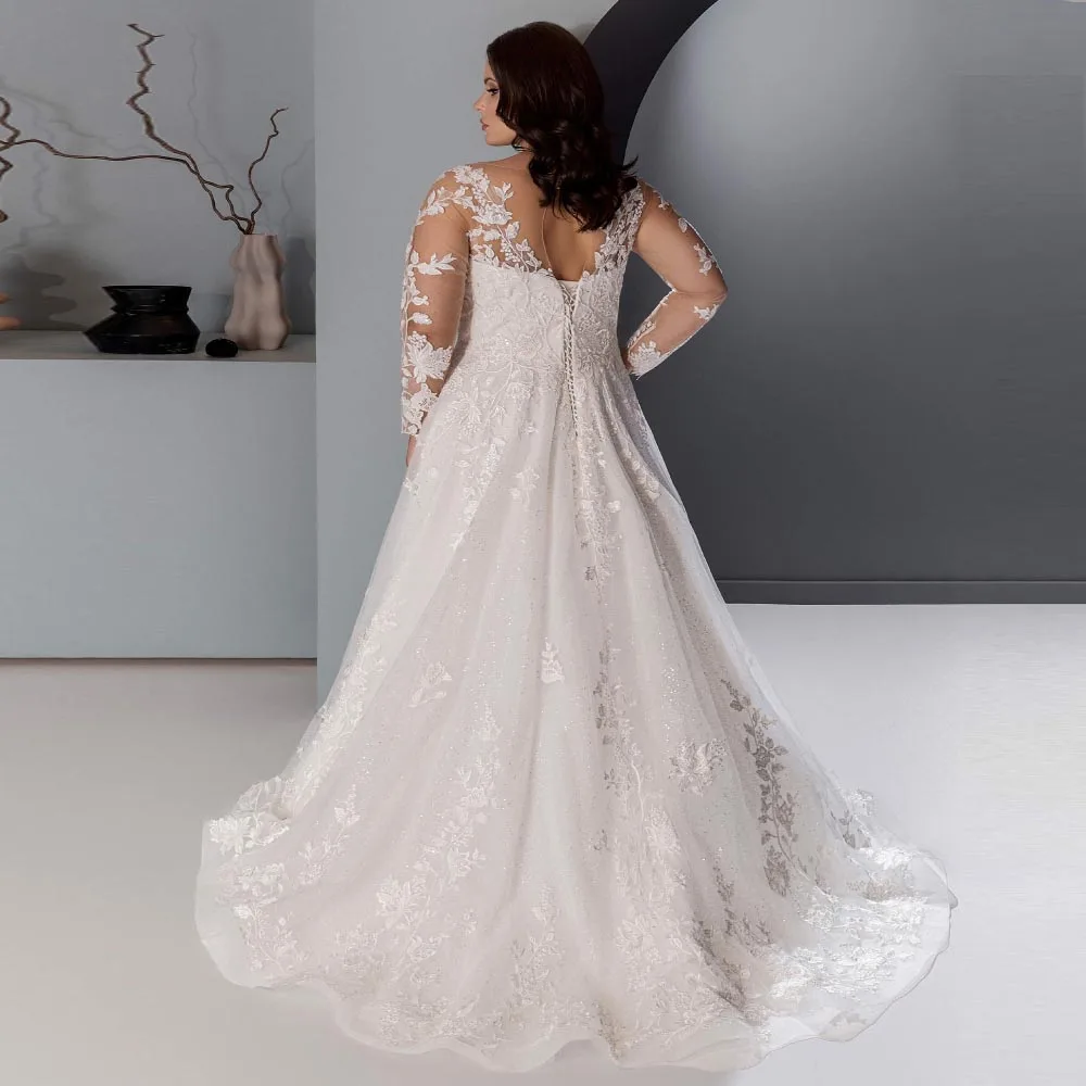 Plus Size Brautkleider für die Braut, glitzernder Tüll, A-Linie, Brautkleider mit langen Ärmeln, Spitzenapplikationen, individuell gestaltet