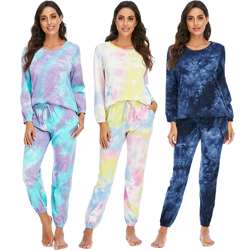 Aamikast Women‘s Tie Dye Printed Pajamas Set Long Sleeve Tops with Elastic Waist Pants Casual Sleepwear Woman Comfy pajamas Stes