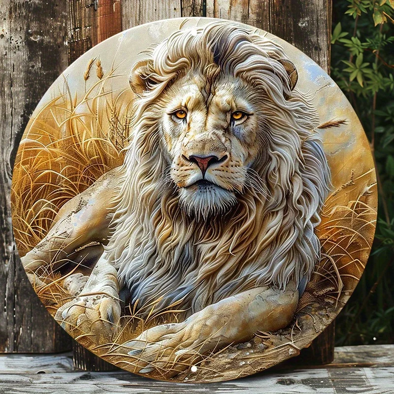 

African Lion Aluminum Metal Wall Art Decor, Round Waterproof Sign, Pre-drilled Holes, HD Printing Quality Outdoor Wreath Decor