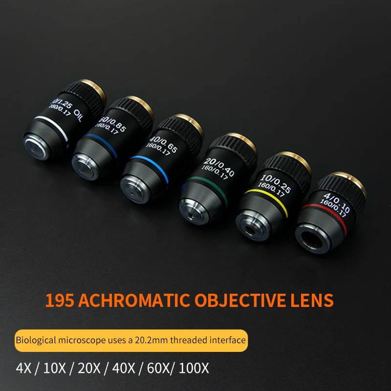

Bio-microscope objective lenses 185 - 195, 4X, 10X, 20X, 40X, 60X, 100X, achromatic oil immersion lenses, installation size 22.2