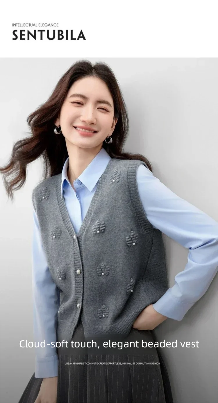 SENTUBILA Strickweste für Damen, Herbst 2026, neue ärmellose Strickjacke, lässige, einreihige Weste mit hohem Stretchanteil, W53JB2692 – Detail 3