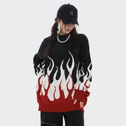 2023 autumn new American street tide personality flame yarn-dyed round neck loose sweater men's fashion sweater