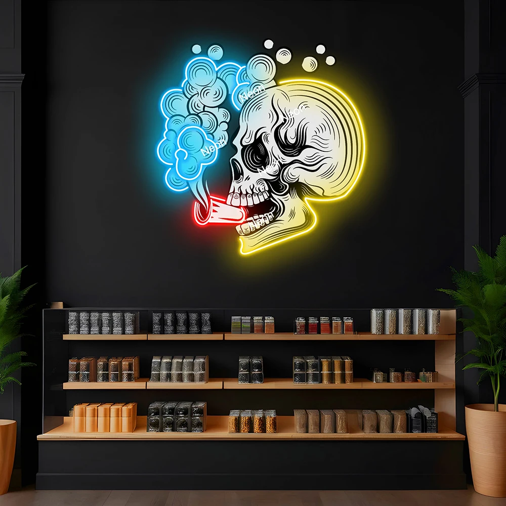 Skull Smoke Led Sign Custom Smoking Shop Bar Club Wall Decor LED Light Sign Window Hanging Business Neon Light Decoration