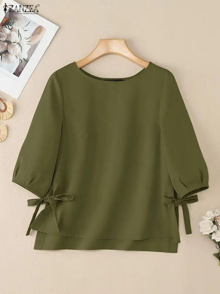 

ZANZEA Casual Women's Solid Color Blouses 2025 Autumn Boatneck 3/4 Puff Sleeve Lace-Up Side Slit Blouse Everyday Wear Woman Tops