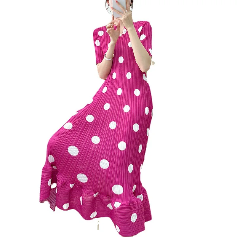 Imagem -05 - Miyake Mulheres Vestido Plissado 2023 Verão Temperamental Mineral Confortável Polka Dot Ruffled Hem Manga Curta Slim Vestidos Elegantes