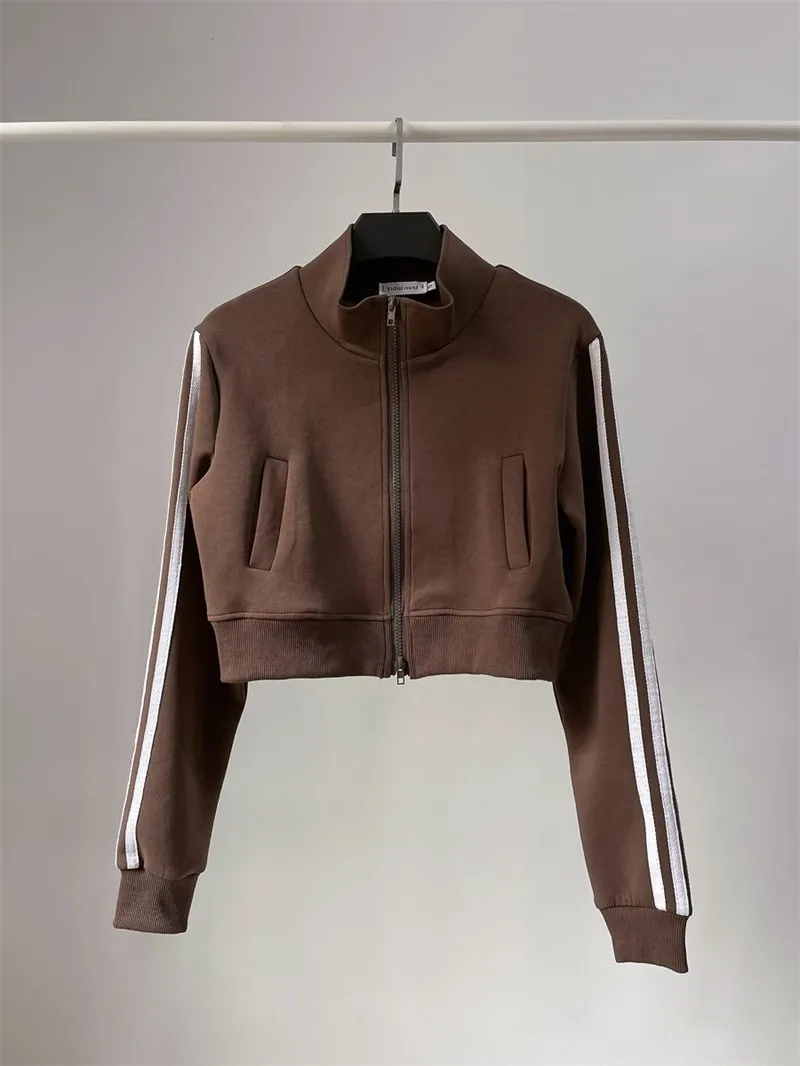 retro-american-striped-short-sportswear-jacket-women's-slim-fit-collar-long-sleeve-sun-protection-black-top-trendy-autumn-out