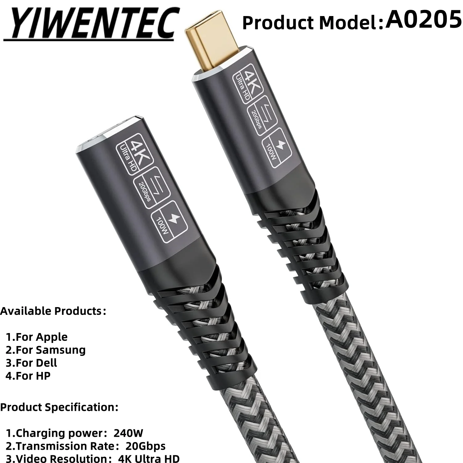 

YIWENTEC USB3.1 ТИП CM-CM Gen2, штекер с чипом EMARK, поддержка 10G/100W, черный чехол из ТПЭ, литье из алюминиевого сплава черного цвета