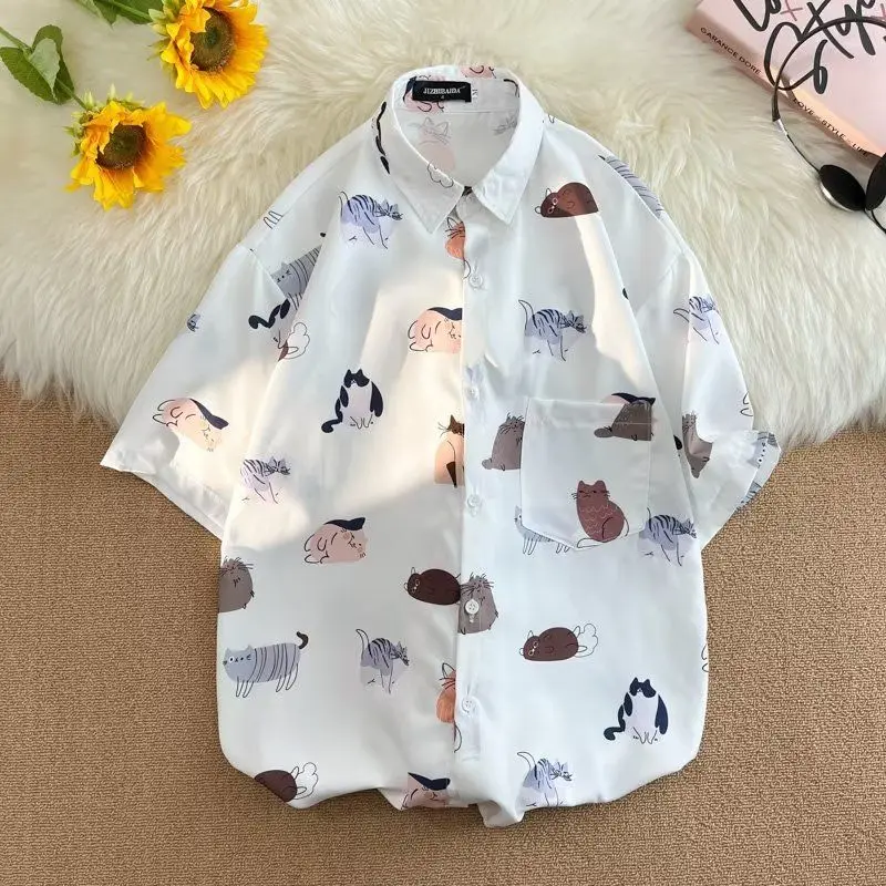 Summer Hong Kong style short-sleeved Korean style trendy student printed shirt Japanese loose shirt men's jacket men clothing