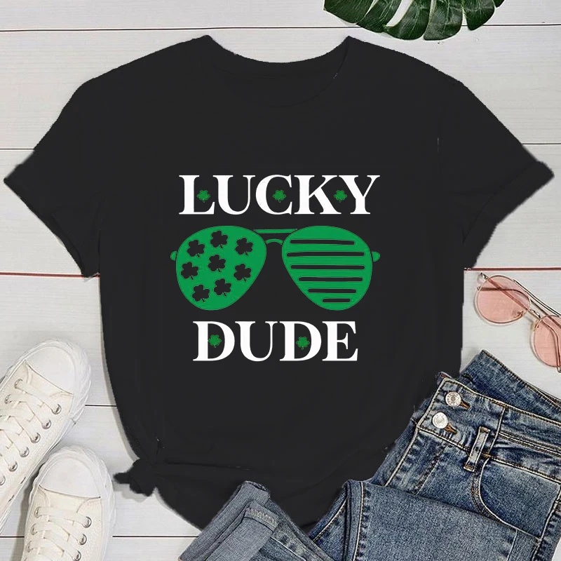 (Premium T-shirt)Happy St. Patrick'S Day Lucky Dude Print T-Shrits For Women Summer Short Sleeve Round Neck Cute Loose T-Shirt