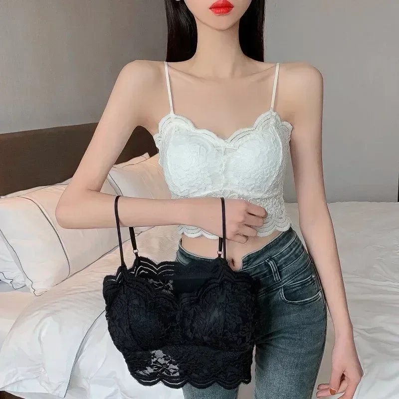 

Summer Women Underwear Female 2023 Back Bra Sexy Lace Tube Suspender Add Beauty Tops Vest Wireless Bralette Style Pad French Top