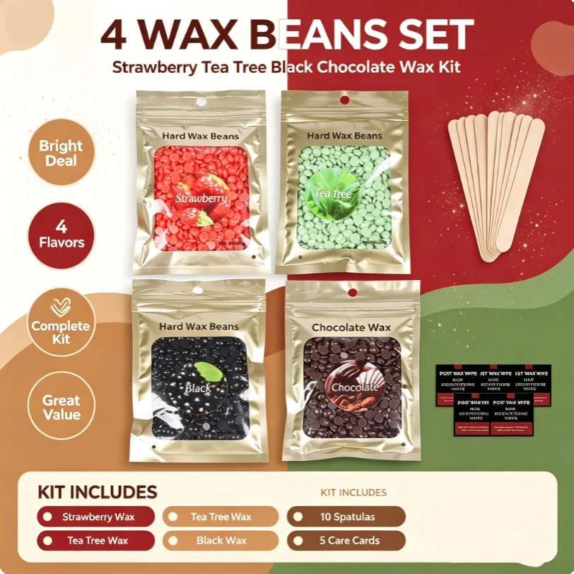 Value Pack Hard Wax Beans Set,4 Scents Wax Beans with Full Wax Tools,Smooth Long Lasting Hair Removal for Coarse Fine Hai