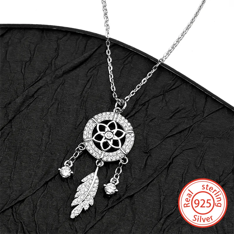 

925 Sterling Silver Dream Catcher Chain Women Girls Bohemia Feather Tassel Crystal Clavicle Choker Collares Jewelry Party Gift
