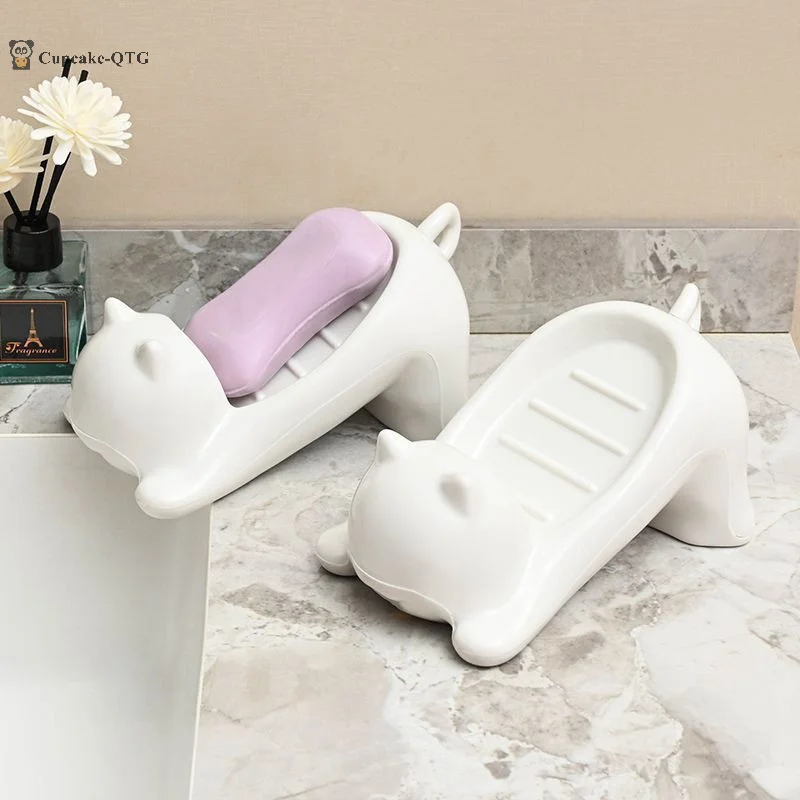 Bathroom Cute Cat-shaped Drain Soap Holder Plastic Toilet Soap Dish Case Tray Washroom Tools Home Decoration