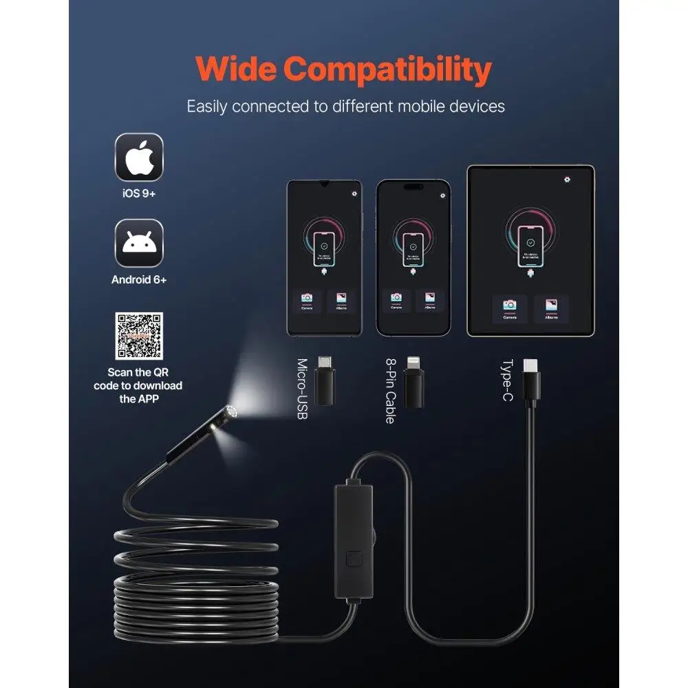 Dual Lens Endoscope Inspection Camera for android IOS 16.4FT Flexible Snake Cable