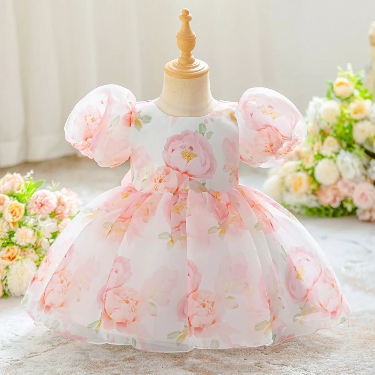

Pink Flower Print Princess Party Baby Girl Dress Elegant 1st Birthday Wedding Kids Dress for Girls Bow Baptism Evening Prom Gown