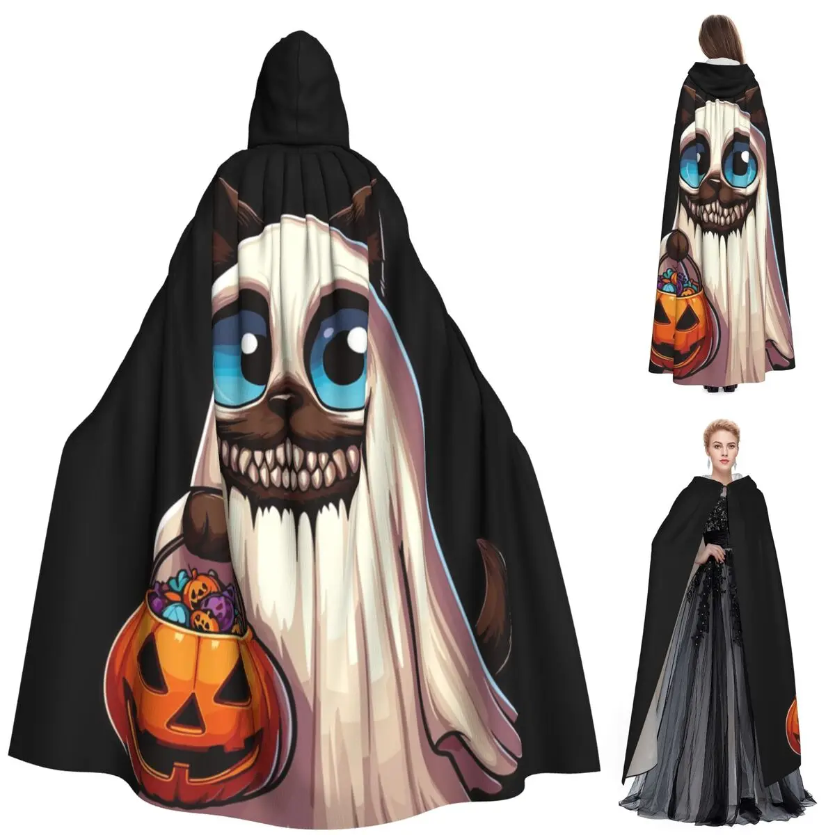 

Siamese Cat Scary Halloween Ghost Spooky Pumpkin Candy Long Hooded Cloak Witch Medieval Costume Cosplay Cape HalloweenParty