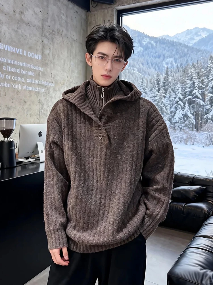 

Caramel f Zip High Collar Men's Knitted Sweater Winter Casual Sle Striped Hooded Jaet Regular Fit Long Sve Top