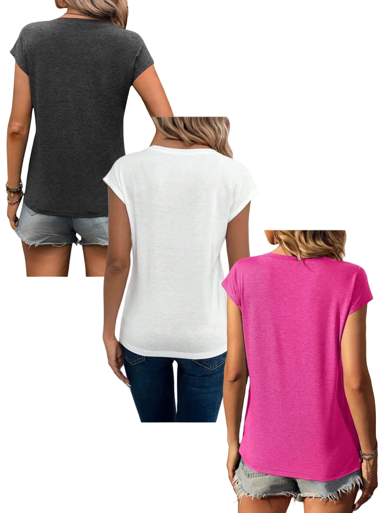 

A new summer and autumn casual solid-color short-sleeved V-neck loose women's T-shirt set of three pieces