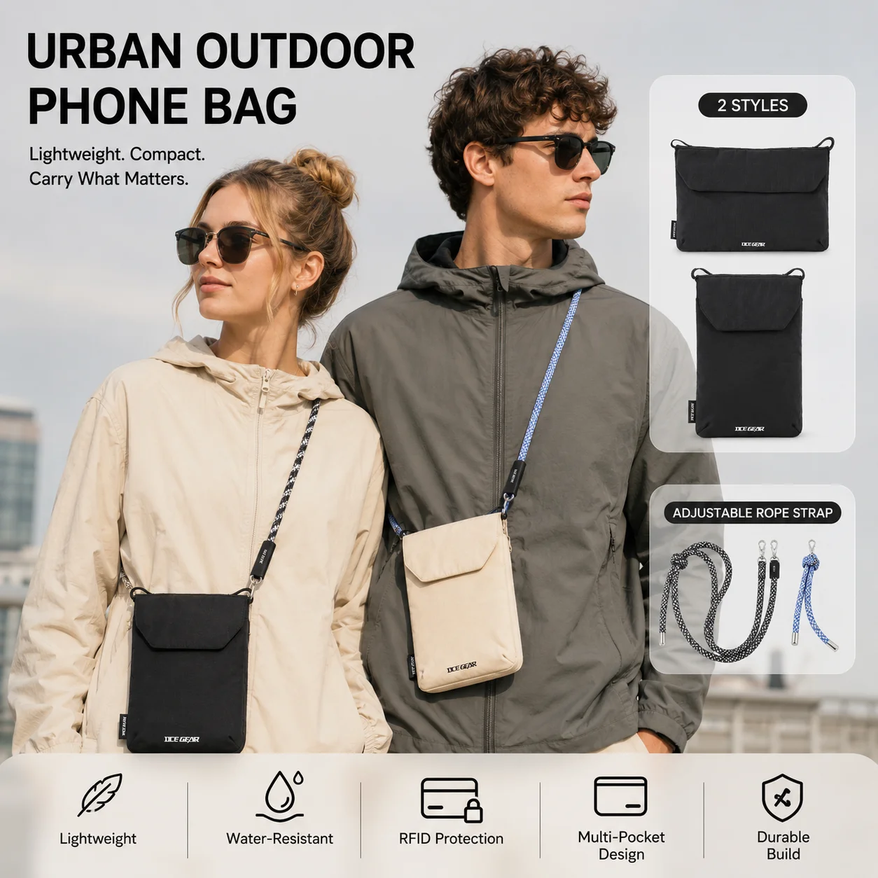OCEGEAR RFID Crossbody Phone Bag with Adjustable Rope Strap Lightweight Nylon Passport Pouch for Travel Outdoor Men Women