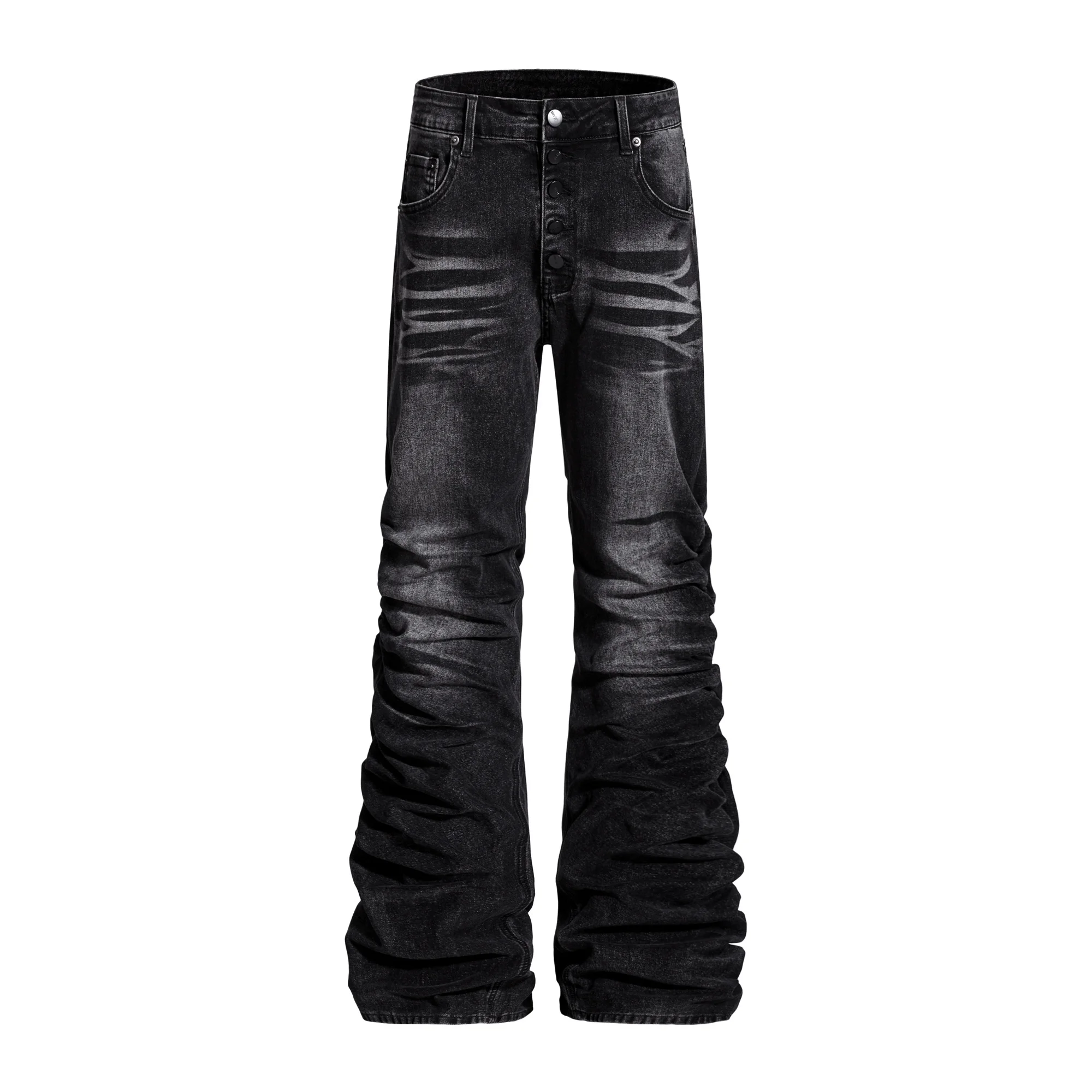 

GXFortune American High Street Pleated Micro Flared Jeans Men's Women's Washed Elastic Straight Leg Slimming Pants
