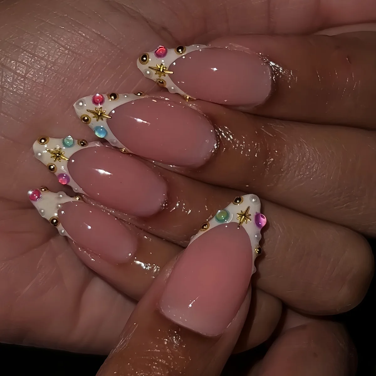 

Flash Diamond Wear Nail Pieces White French Fashion Joker Color Rhinestone Gold Beads Six-pointed Star Nails