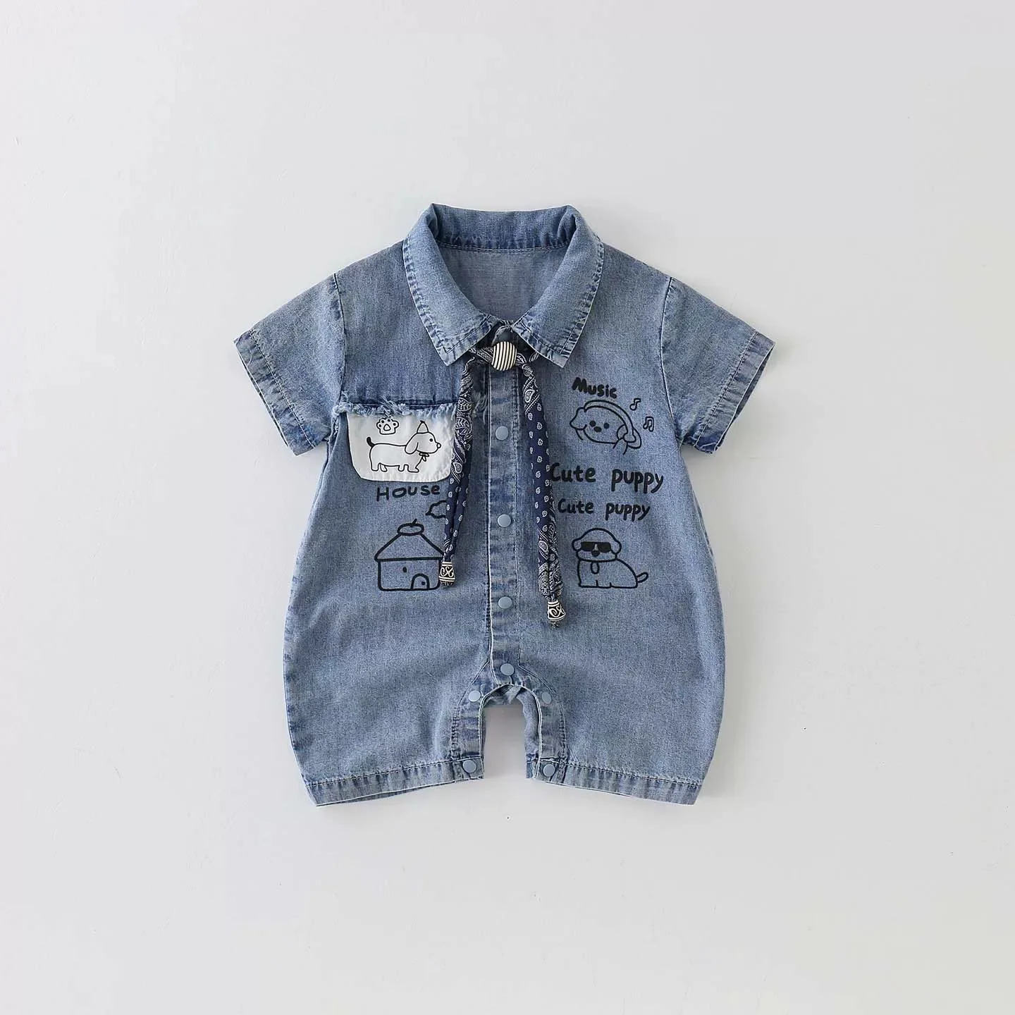 2026 Summer New Casual Baby Bodysuit Cartoon Print Solid Color Cowboy Boys Jumpsuit Thin Toddler Romper
