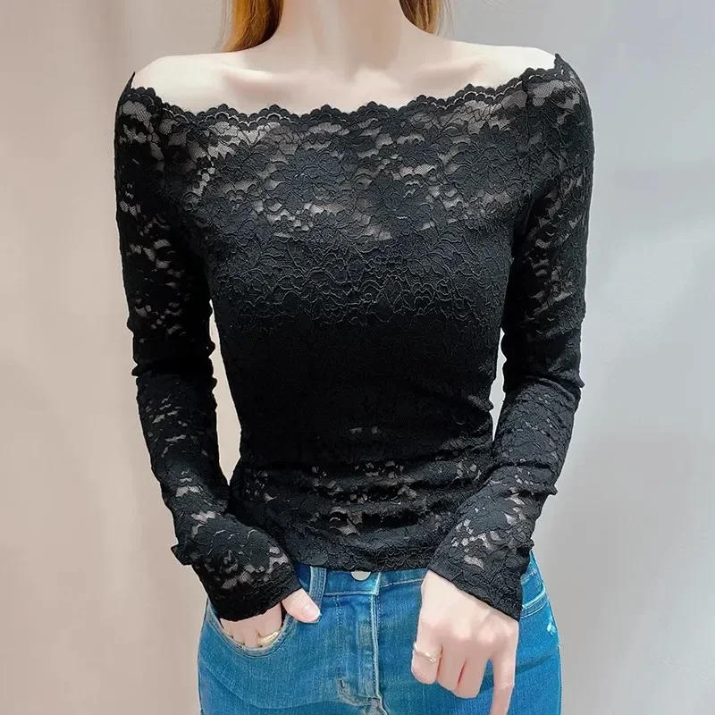 Koronkowa bluzka z dekoltem typu one-line, ekskluzywna, modna, seksowna bluzka z odkrytymi obojczykami, na jedno ramię, idealna jako warstwa bazowa dla kobiet.
